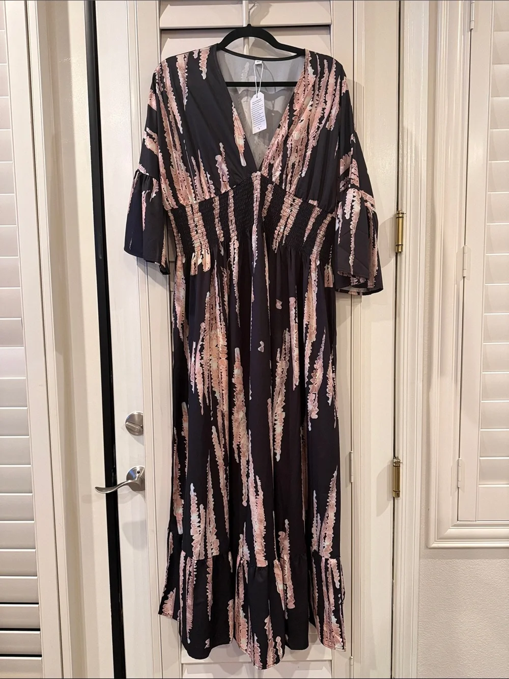 Women’s Black & Pink Printed Maxi Dress - V-Neck, Smocked Waist - Picture 1 of 5